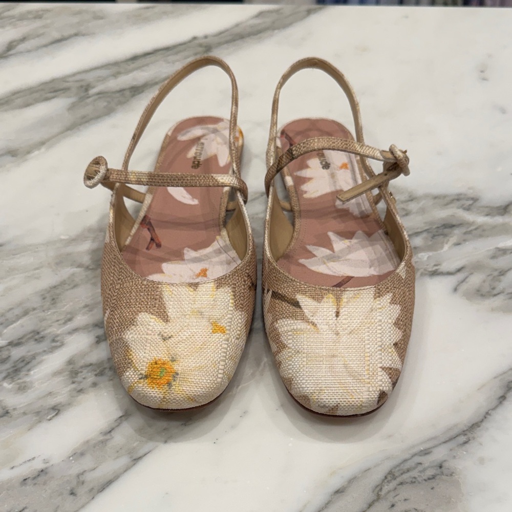 Larroude Beige Floral Slingback Mules